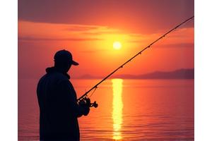 夕焼けの中、釣り竿で魚を釣る釣り人のシルエット