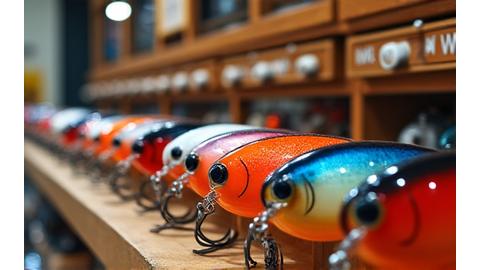 釣具店の棚に並べられた限定カラーのオリジナルルアー