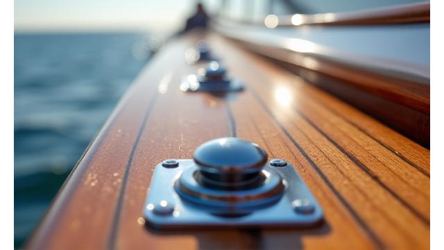 美しいヨットのデッキに設置された、錆一つない輝く鉄魚界製のデッキ金具やクリート。